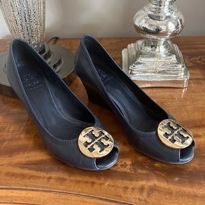 Tory Burch navy leather peep toe wedge